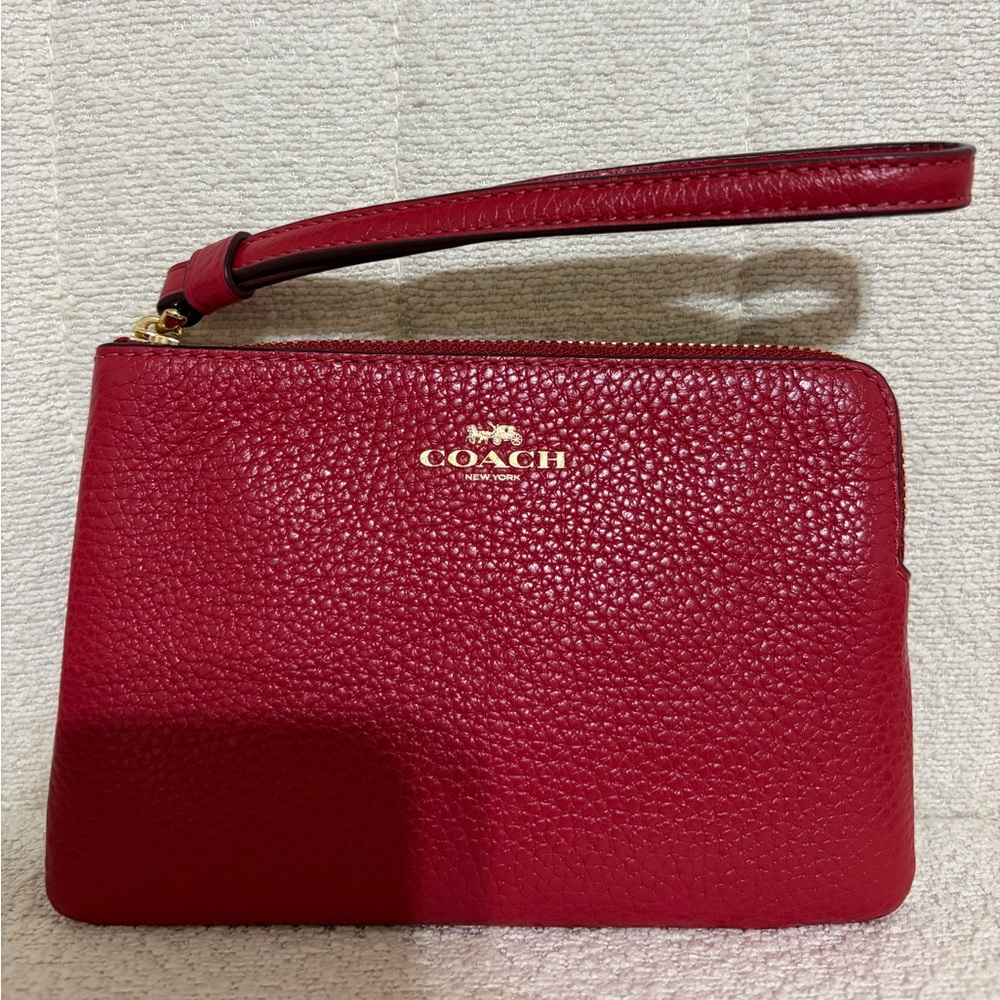 Coach Red Pebbled Leather Wristlet with Gold Logo
